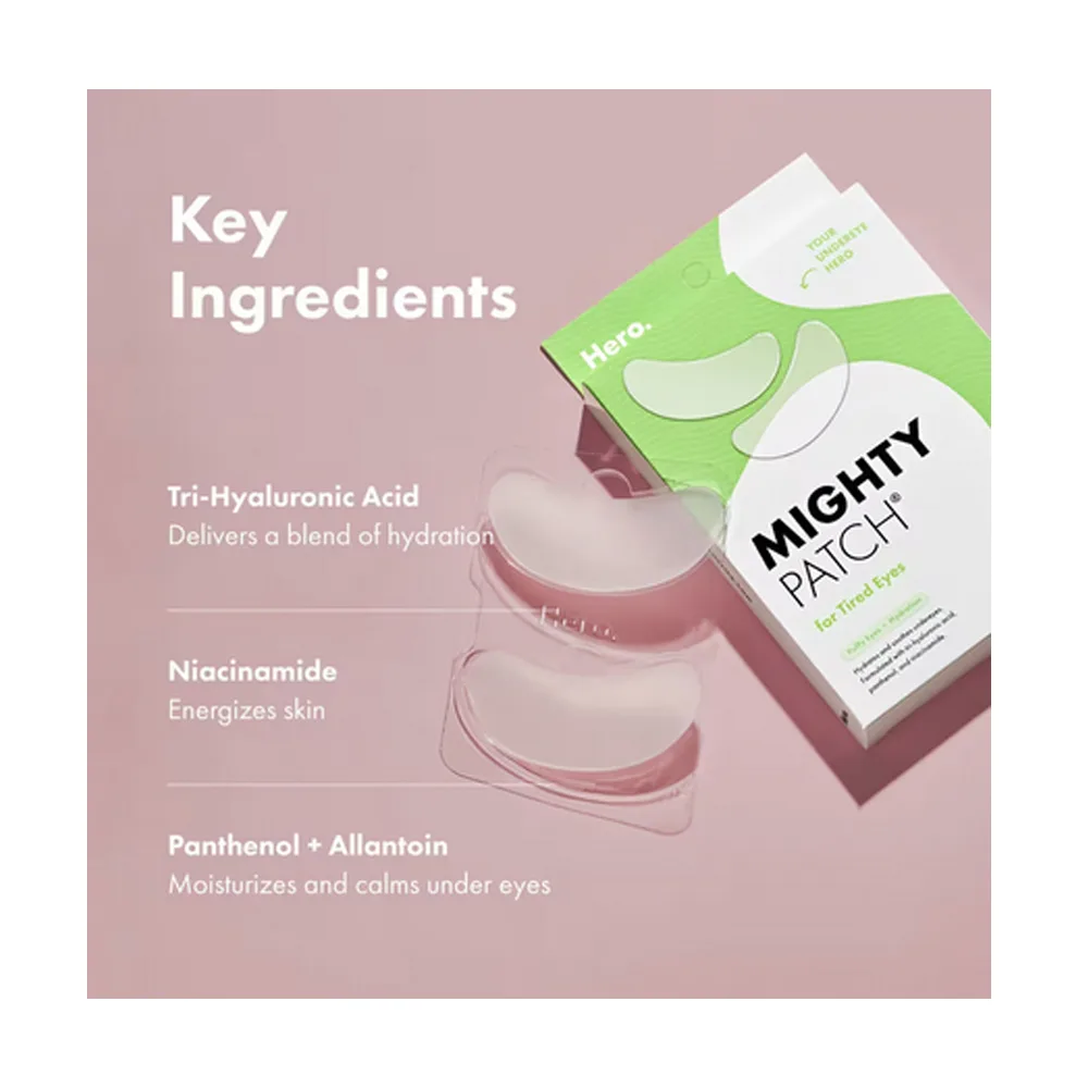 Close-up design of hero cosmetics mighty eye patches, niacinamide, hyaluronic acid, for tired eyes, 6-pack