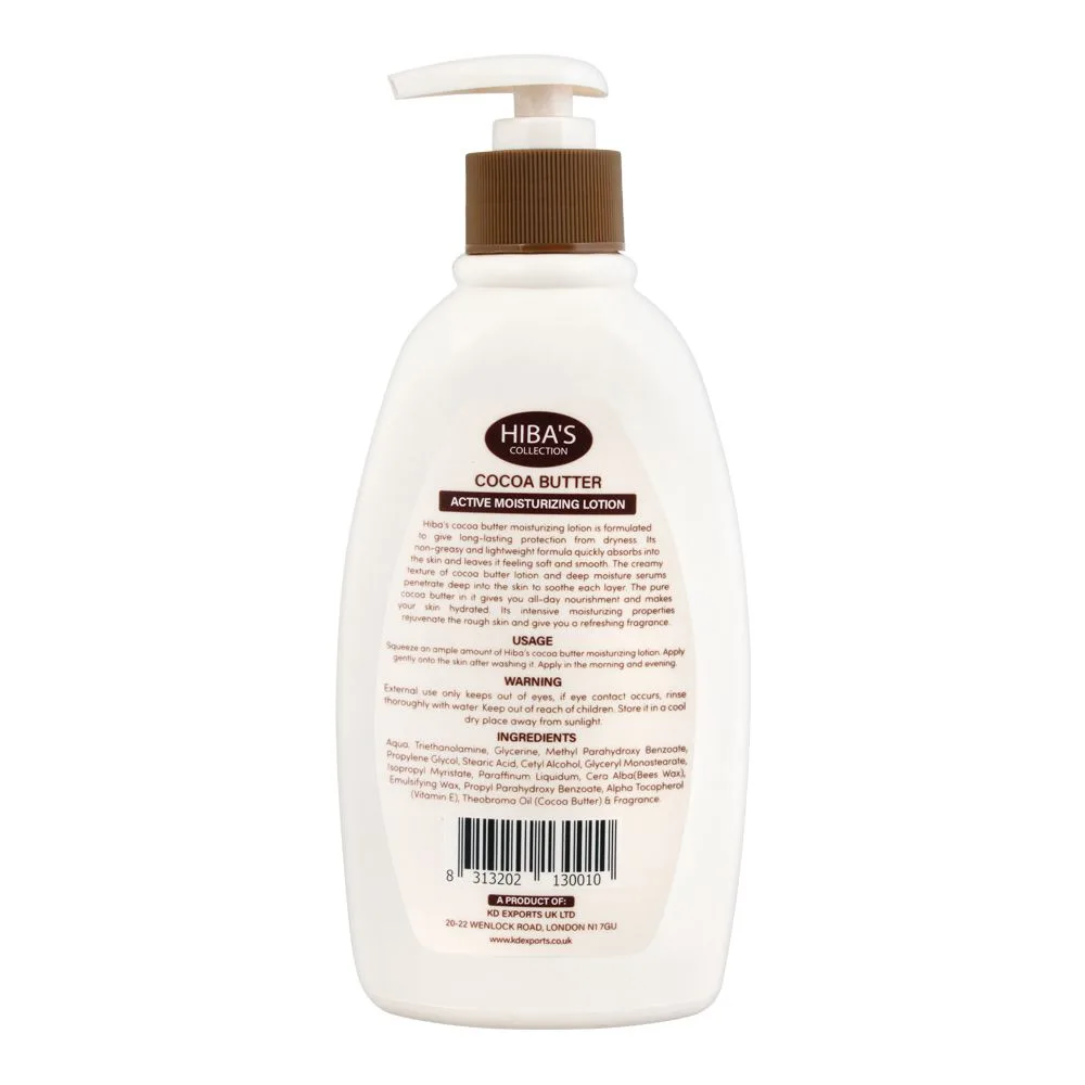Side view of hiba's collection cocoa butter active moisturizing lotion, dry & damaged skin, 300ml