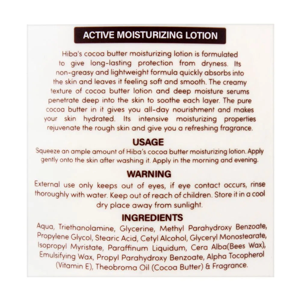 Comfortable casual hiba's collection cocoa butter active moisturizing lotion, dry & damaged skin, 300ml