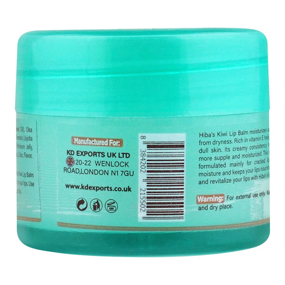 Side view of hiba's collection kiwi lip balm, best for cracked lips, 15ml