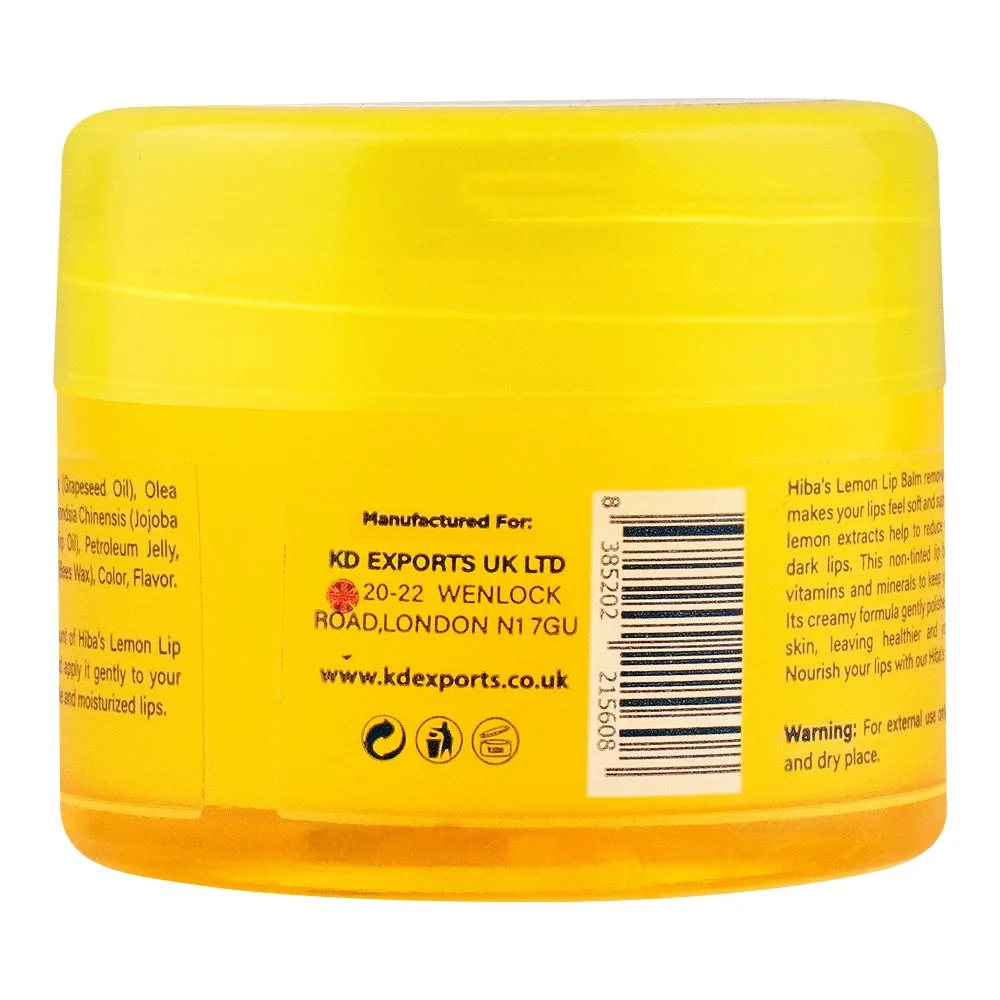 Side view of hiba's collection lemon lip balm, best for cracked lips, 15ml