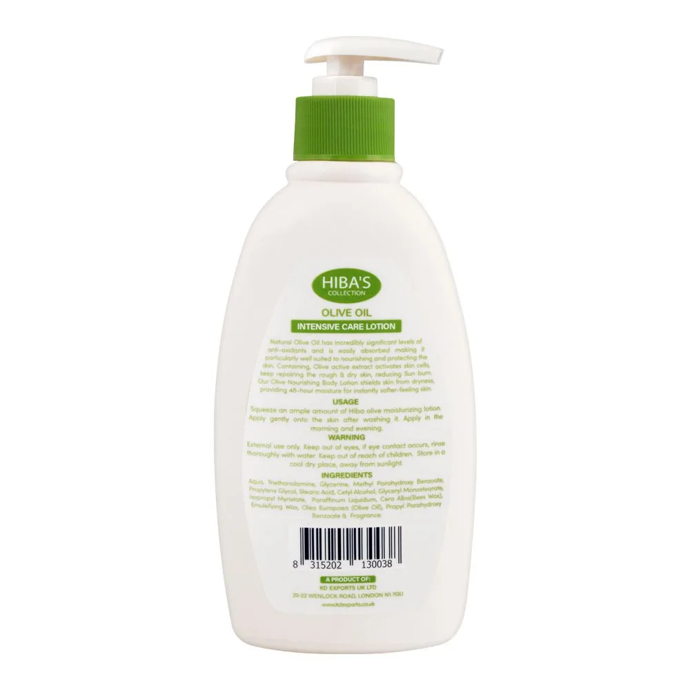Side view of hiba's collection olive oil intensive moisturizing lotion, dry & sensitive skin, 300ml