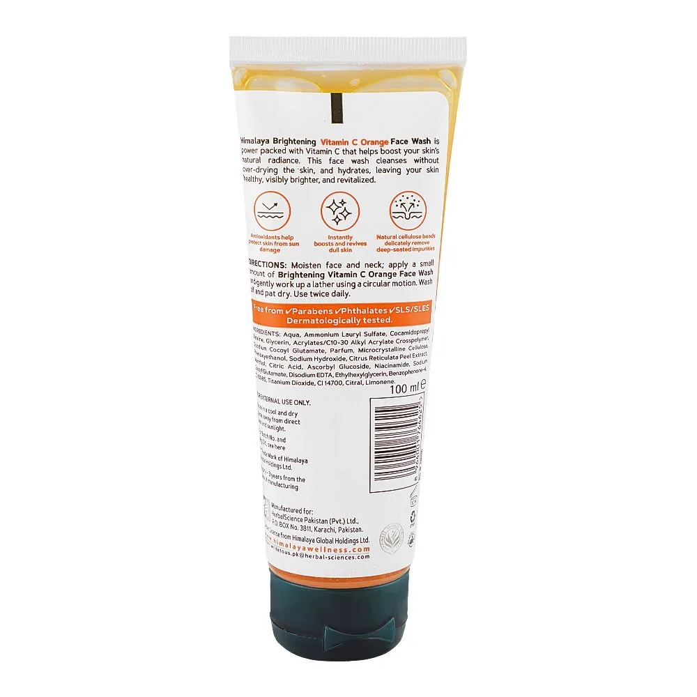Side view of himalaya brightening orange face wash, vitamin c, for all types of skin, 100ml