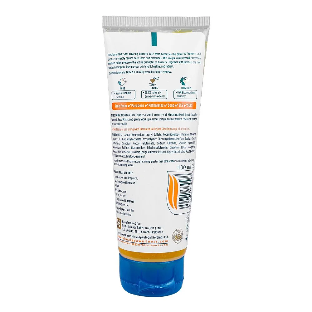 Side view of himalaya dark spot clearing turmeric face wash, paraben free, 100ml