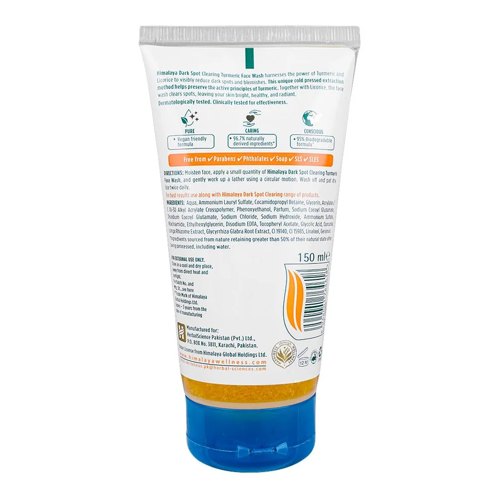 Side view of himalaya dark spot clearing turmeric face wash, paraben free, 150ml