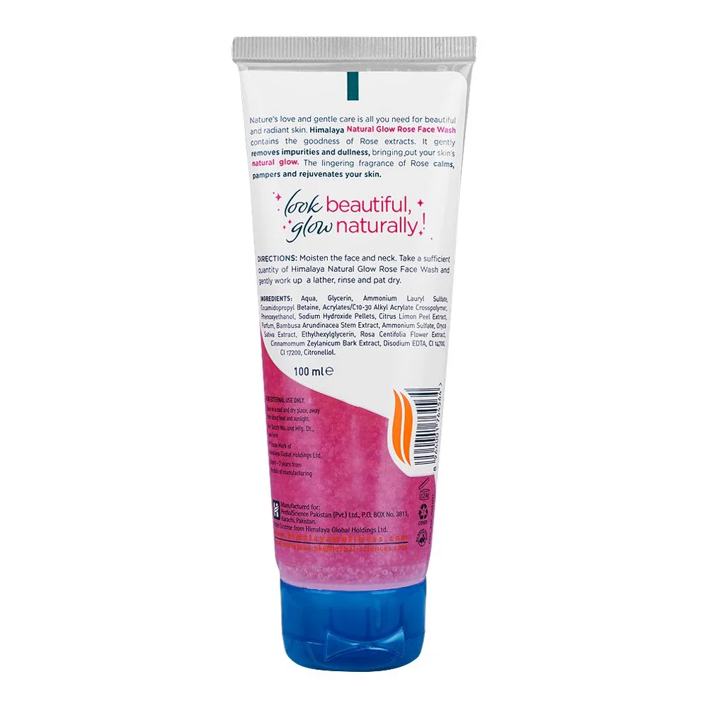 Side view of himalaya natural glow rose face wash, for all skin types, removes impurities and dullness, 100ml