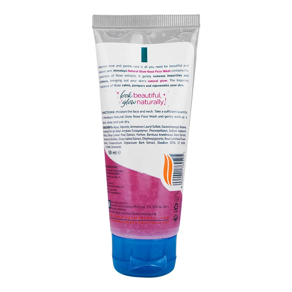 Side view of himalaya natural glow rose face wash, for all skin types, removes impurities and dullness, 50ml