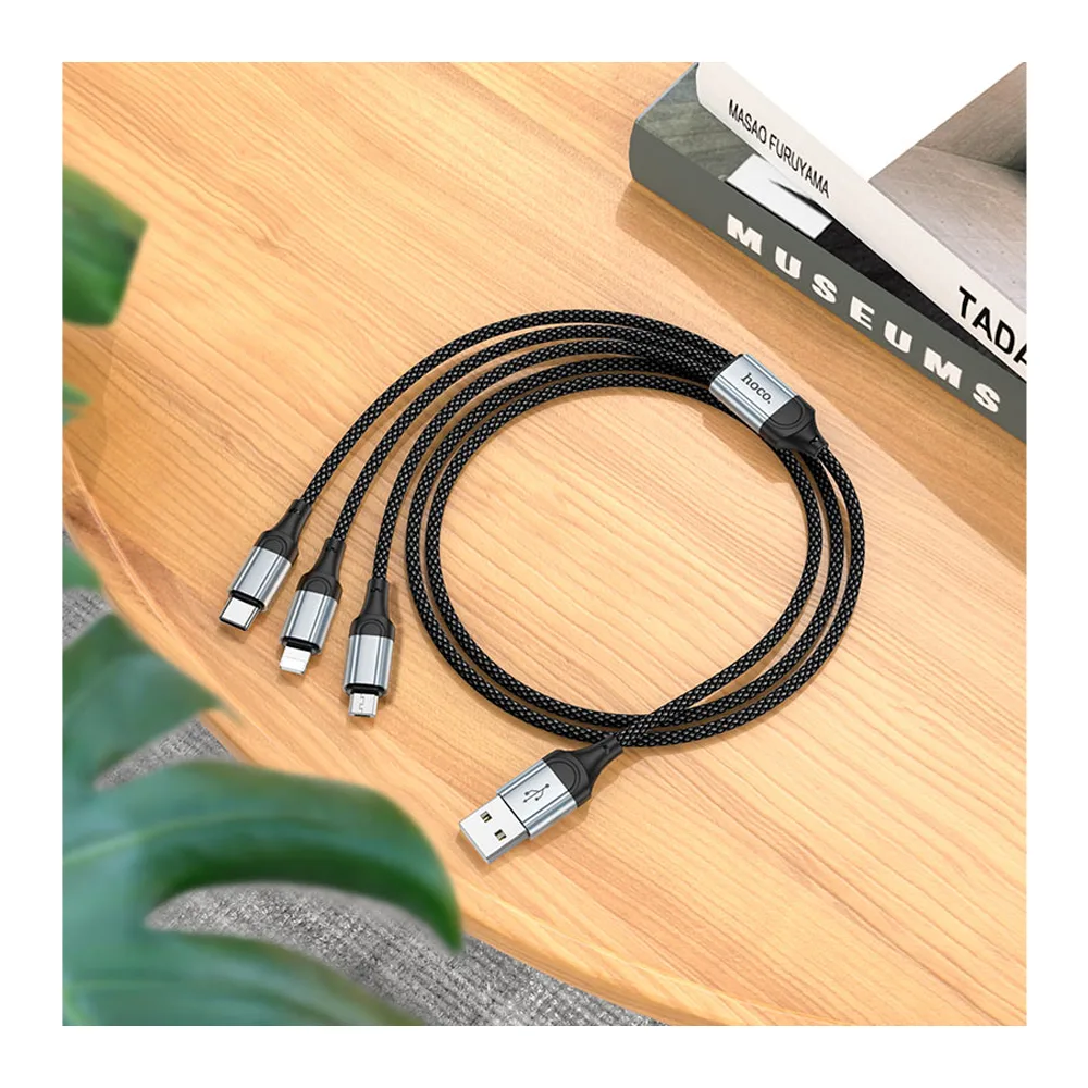 Side view of hoco 3-in-1 fresh charging data cable, usb-a to micro usb + usb-c + lightning cable, 2.4a, 1 meter, x102