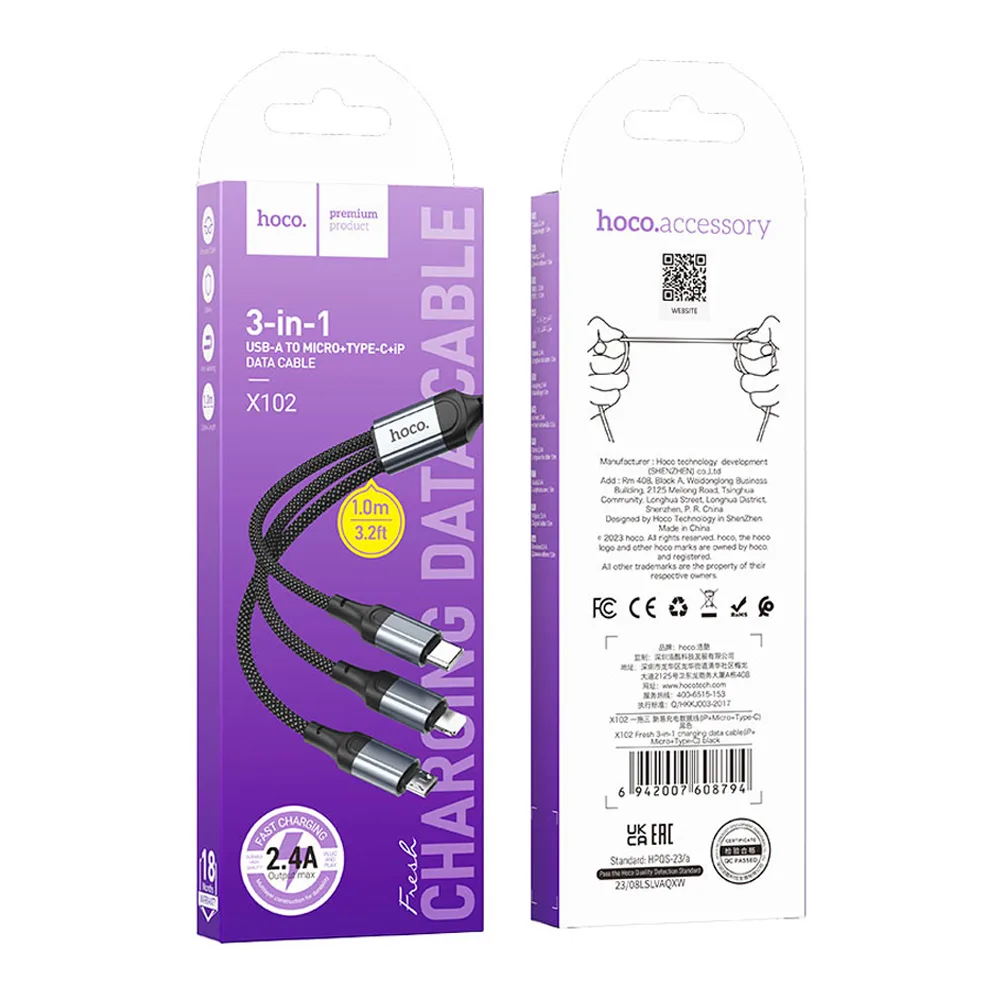 Comfortable casual hoco 3-in-1 fresh charging data cable, usb-a to micro usb + usb-c + lightning cable, 2.4a, 1 meter, x102