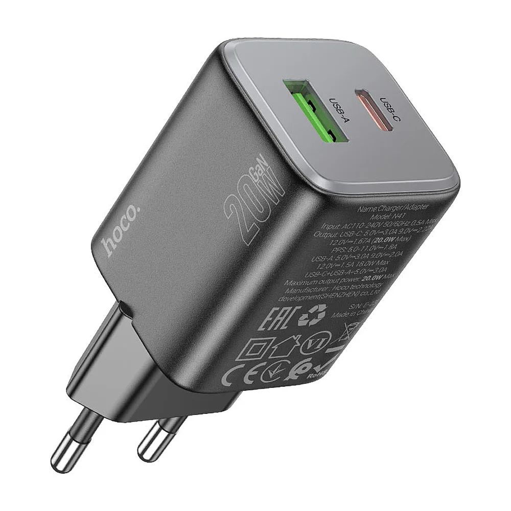 Side view of hoco almighty charger, usb-a + usb-c port, 20w, n41