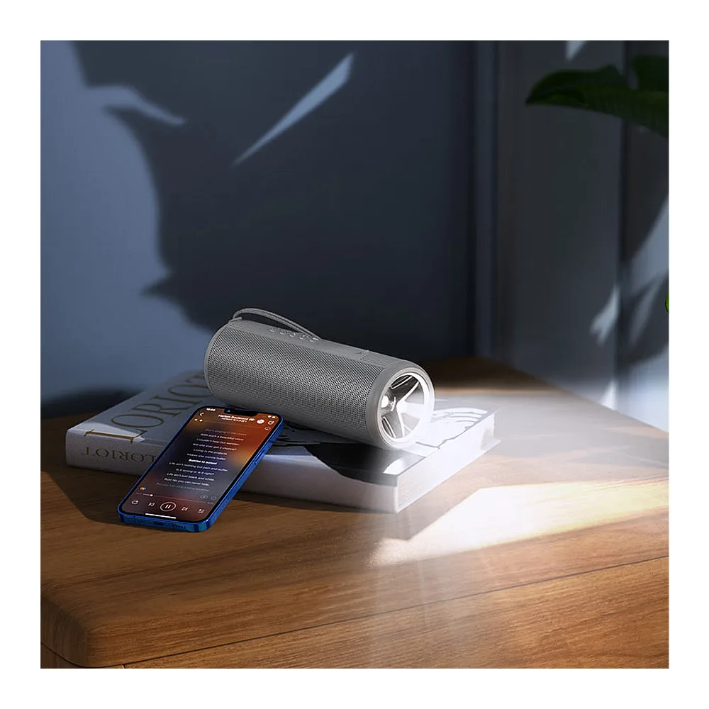 Side view of hoco bora sports bluetooth speaker, 5w, 2 hours playtime, 1200mah battery, grey, hc11