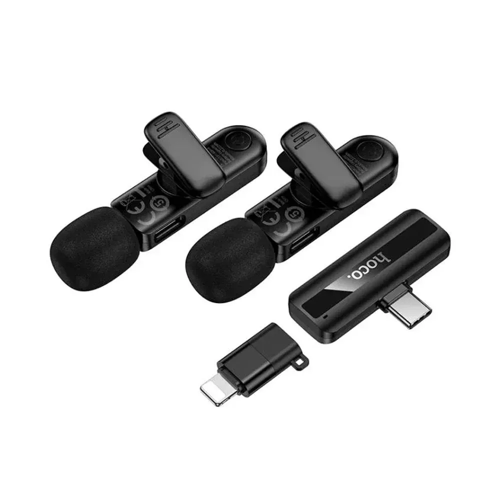 Side view of hoco fair dual-mic wireless microphone, 60mah battery, for iphone & type-c, l20a, black