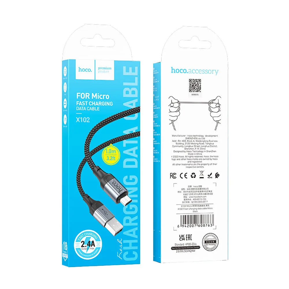 Comfortable casual hoco fresh charging data cable, micro usb to android, 2.4a, 1 meter, x102