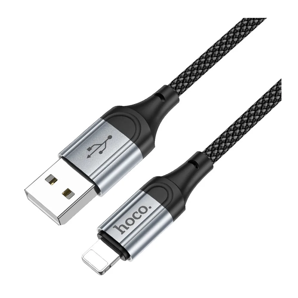 Side view of hoco fresh charging data cable, usb-a to iphone, 2.4a, 1 meter, x102