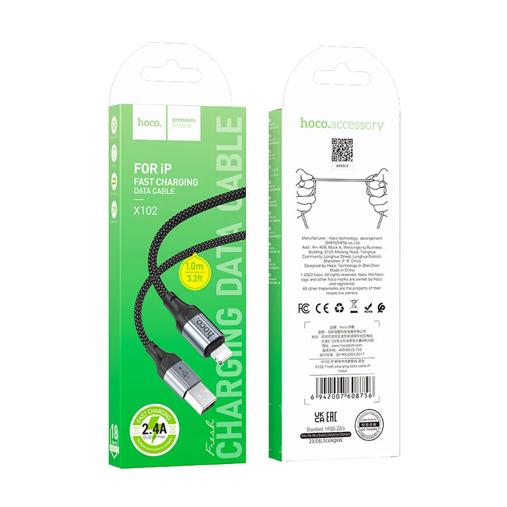 Comfortable casual hoco fresh charging data cable, usb-a to iphone, 2.4a, 1 meter, x102