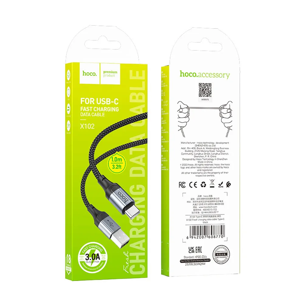 Comfortable casual hoco fresh charging data cable, usb-a to usb-c, 3.0a, 1 meter, x102