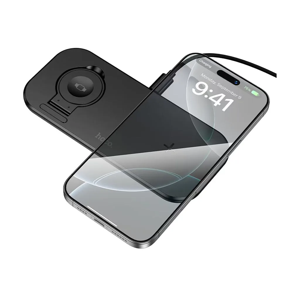 Side view of hoco north 3-in-1 desktop wireless fast charger, cw65, black