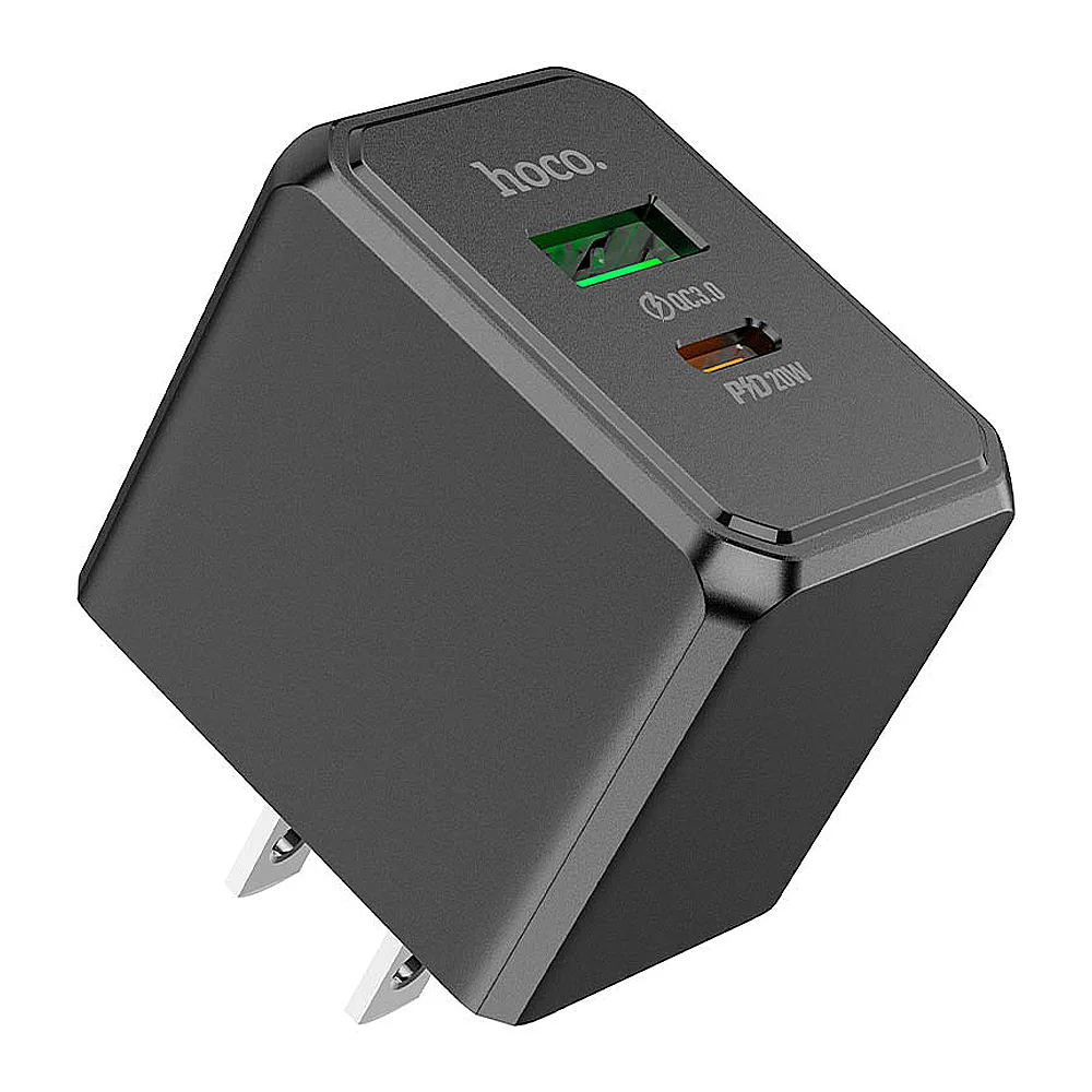 Side view of hoco ocean charger, 1 x usb-a + 1 x usb-c port, 20w, cs14
