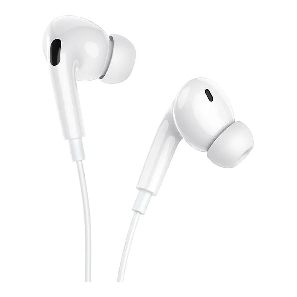Side view of hoco pro crystal sound usb-c wire-controlled digital earphones with microphone, for huawei, xiaomi & oneplus, m101, white