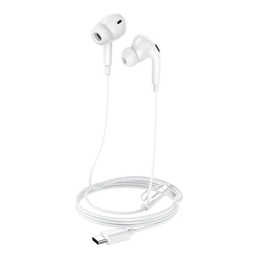 Comfortable casual hoco pro crystal sound usb-c wire-controlled digital earphones with microphone, for huawei, xiaomi & oneplus, m101, white
