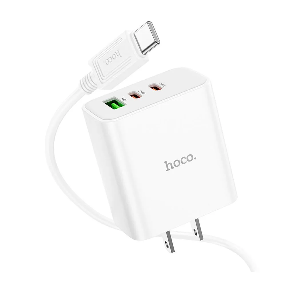 Side view of hoco pure power charger, 1 x usb-a 18w + 2 x usb-c 20w ports, c126, white, us