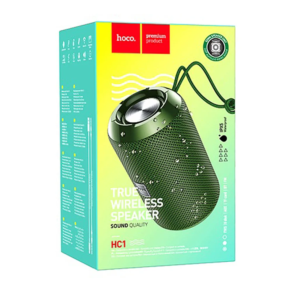 Side view of hoco trendy sound sports wireless bluetooth speaker, 5w, 4 hours playtime, 1200mah battery, green, hc1