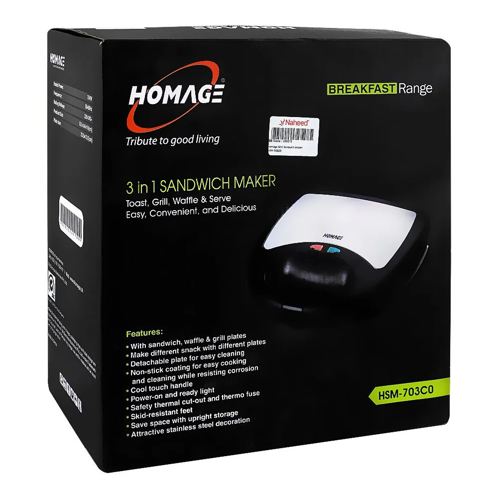 Side view of homage 3-in-1 sandwich maker, 750w, 22-240, 9.25 x 5.31 inches plate, hsm-703co