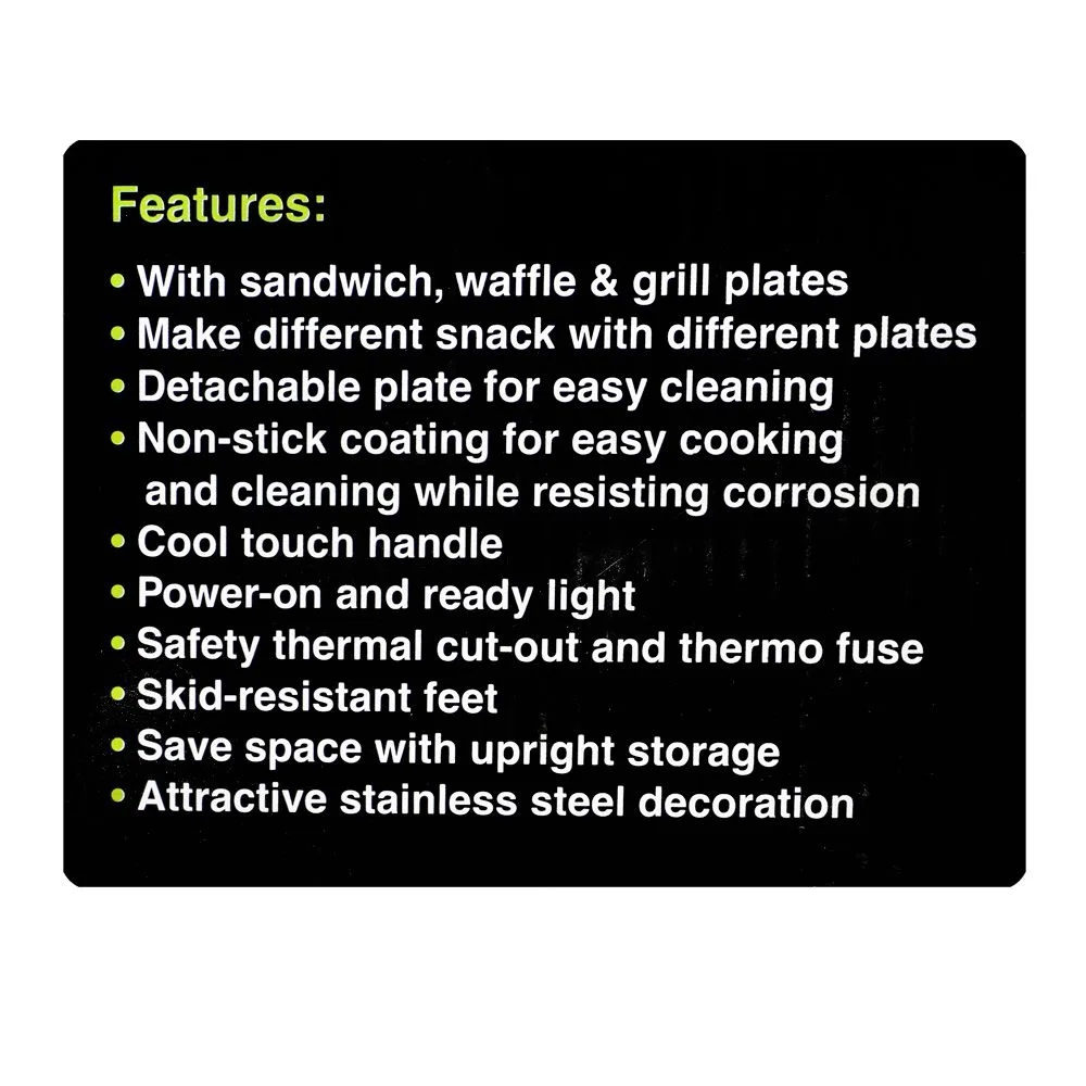Close-up design of homage 3-in-1 sandwich maker, 750w, 22-240, 9.25 x 5.31 inches plate, hsm-703co