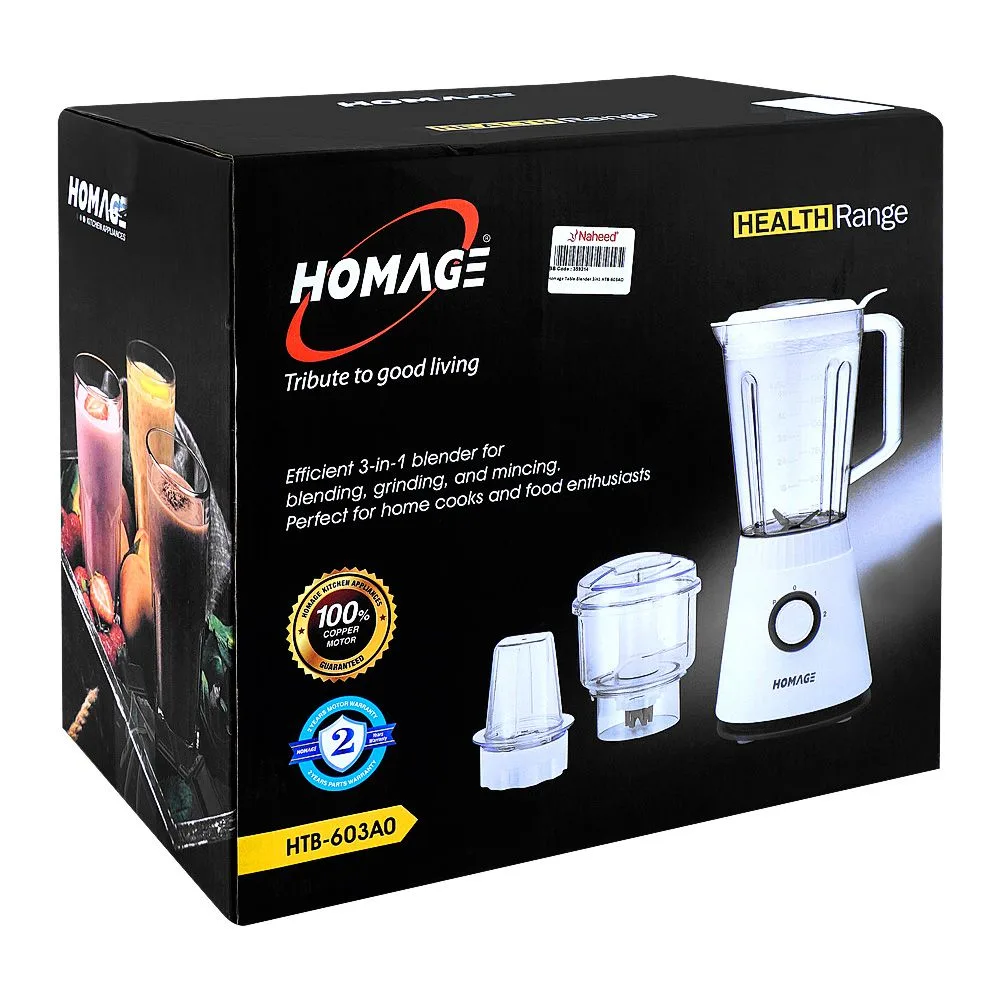 Side view of homage 3-in-1 table blender, 600w, 220-240v,1.5 liter jar, htb-603ao