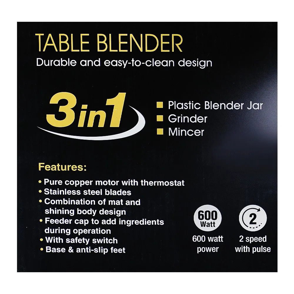 Close-up design of homage 3-in-1 table blender, 600w, 220-240v,1.5 liter jar, htb-603ao