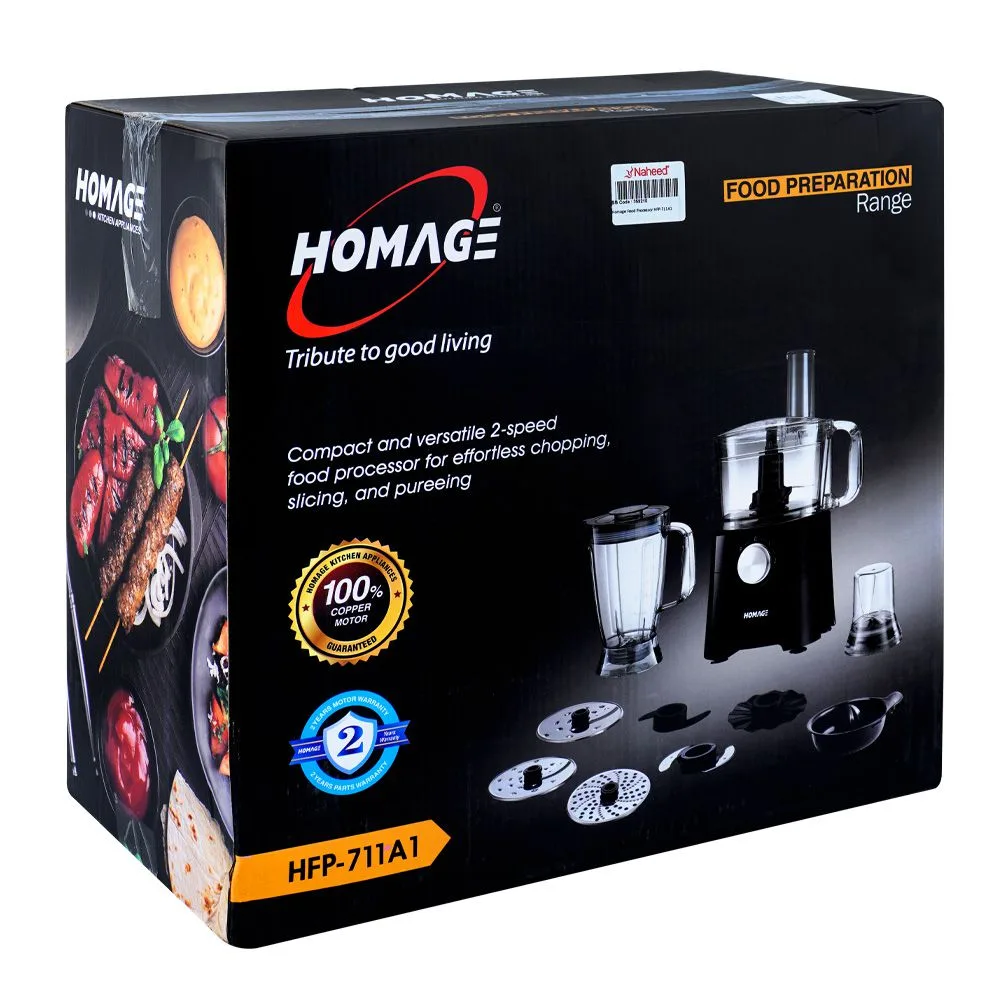 Side view of homage food processor, 750w, 220-240v, 2 liters, hfp-711a1