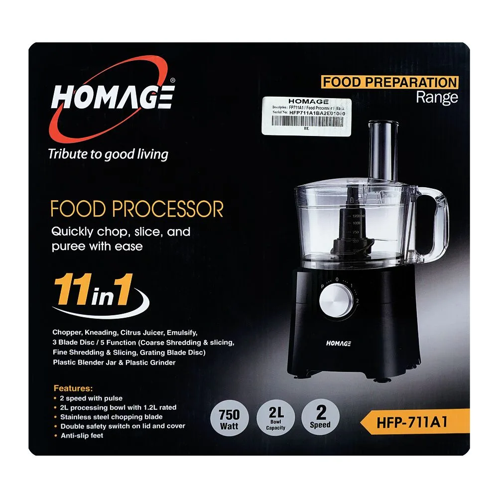 Close-up design of homage food processor, 750w, 220-240v, 2 liters, hfp-711a1