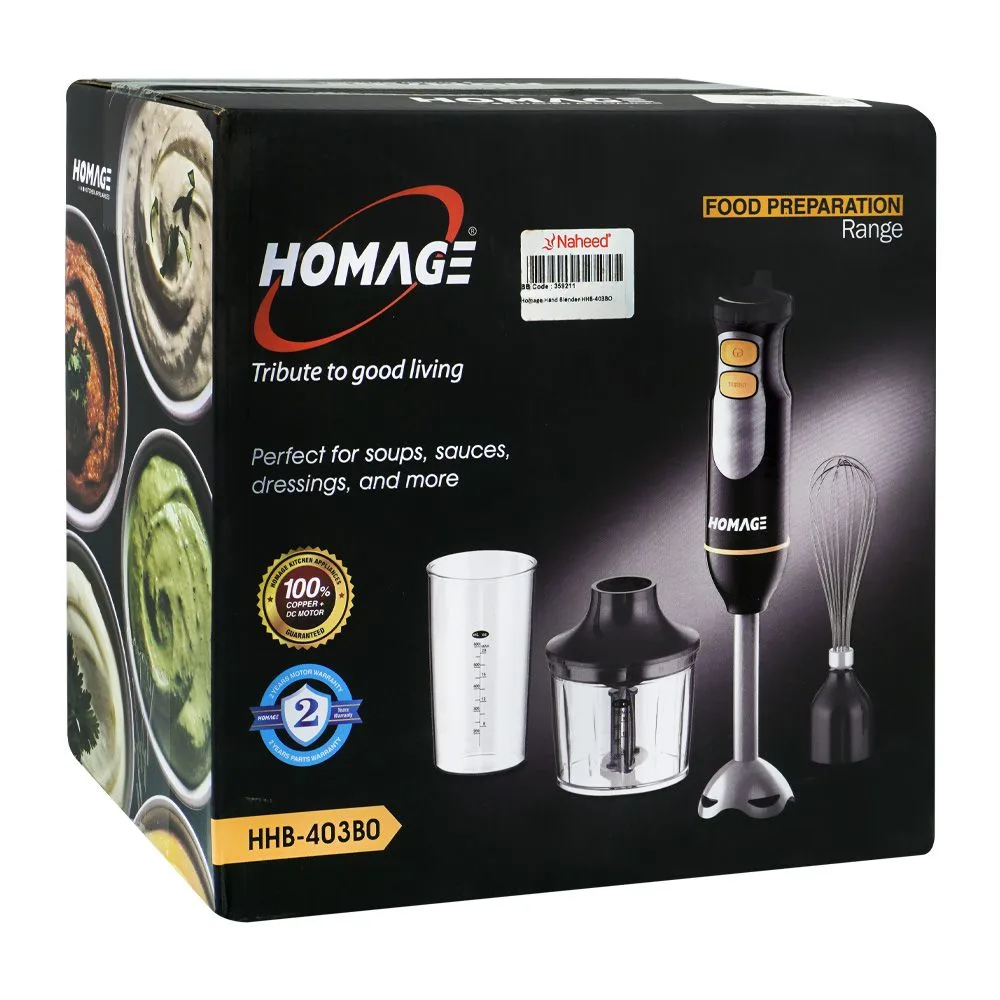 Side view of homage hand blender, 400w, 220-240v, hhb-403bo