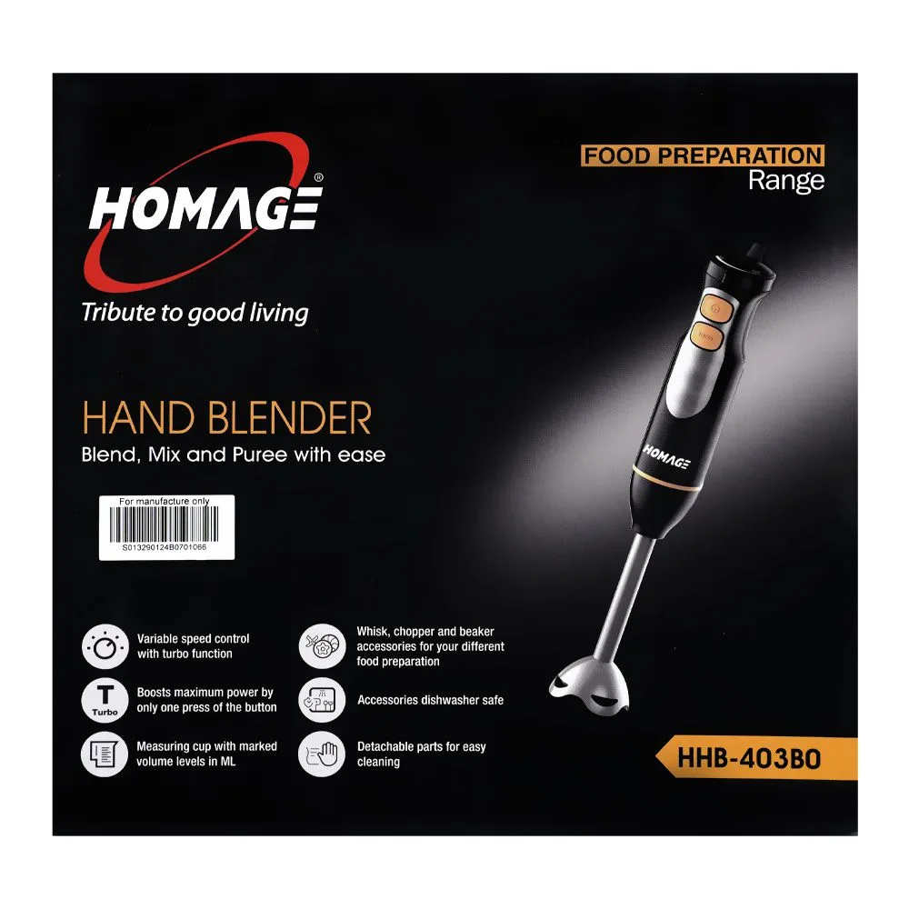 Close-up design of homage hand blender, 400w, 220-240v, hhb-403bo