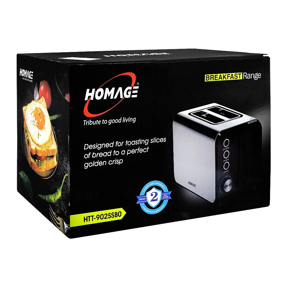 Side view of homage toaster, 800-950w, 220-240v, htt-902ssbo