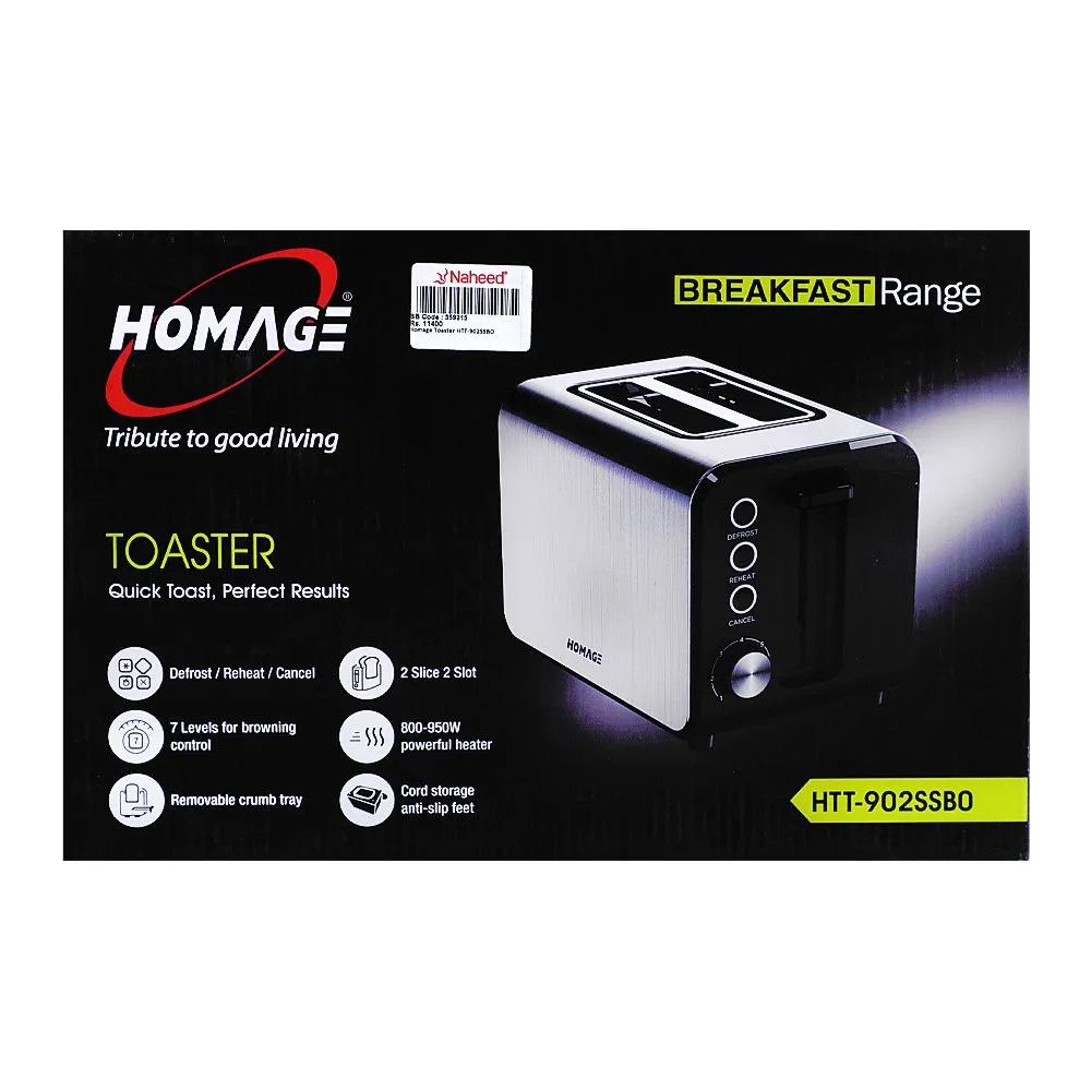 Close-up design of homage toaster, 800-950w, 220-240v, htt-902ssbo