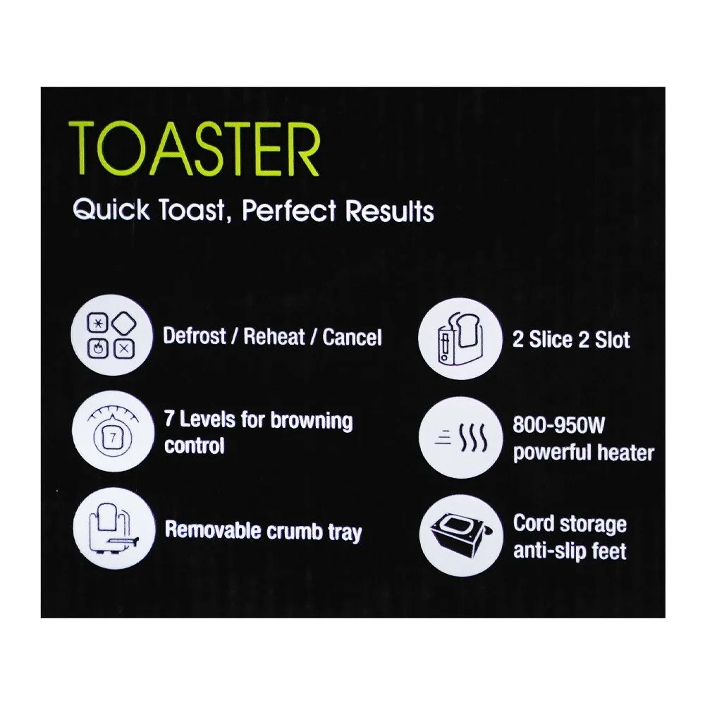 Front angle of homage toaster, 800-950w, 220-240v, htt-902ssbo