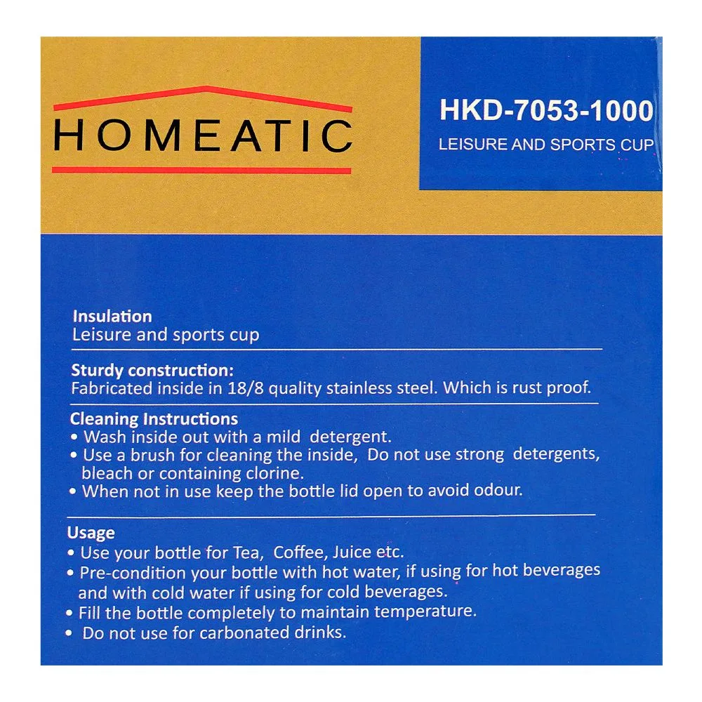 Close-up design of homeatic stainless steel water bottle, 1000ml, white, hkd-7053