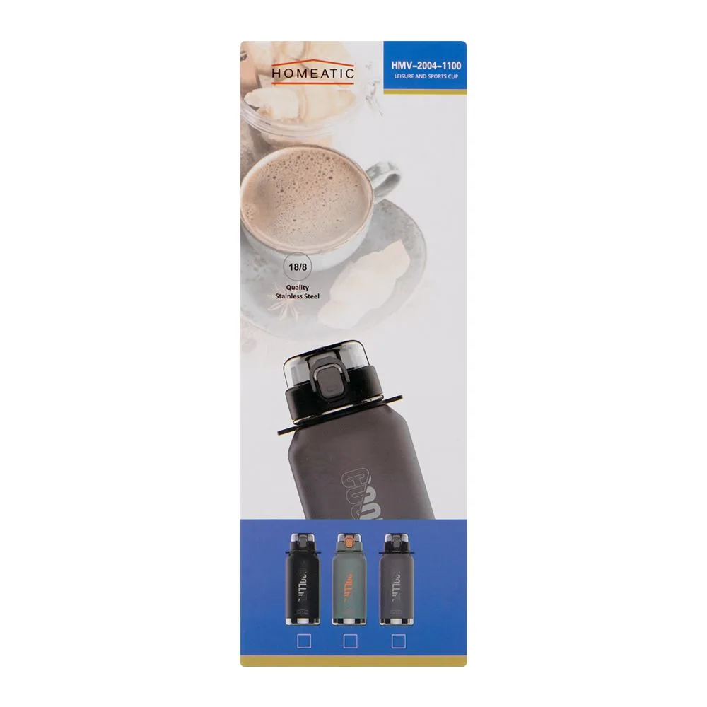 Close-up design of homeatic steel water bottle, 1100ml, black, hmv-2004