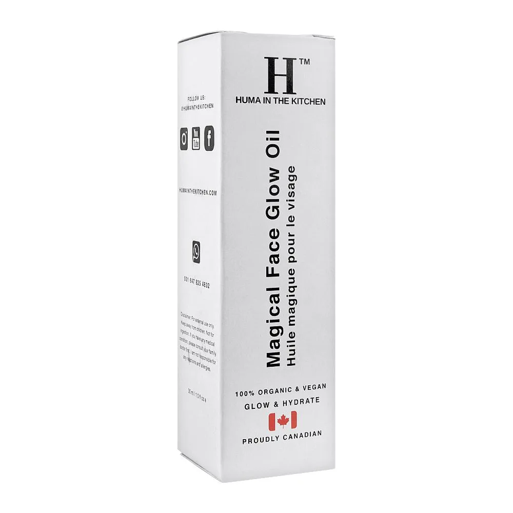 Side view of huma in the kitchen magical face glow oil, 30ml