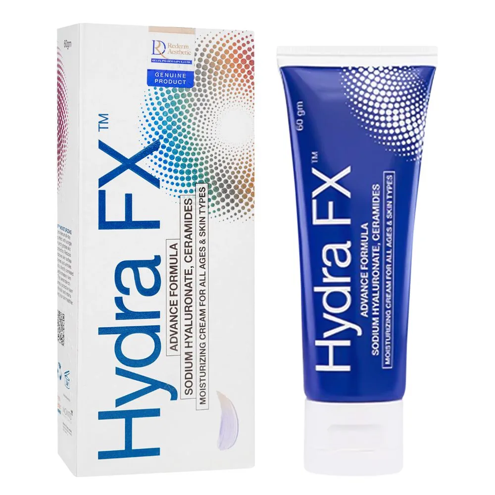 Side view of hydra fx moisturizing cream, spf-30, for skin dryness, collagen damage and sun burn, 60g