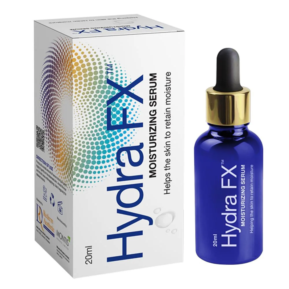 Side view of hydra fx moisturizing serum, for dry, combination and oily skin, 20ml