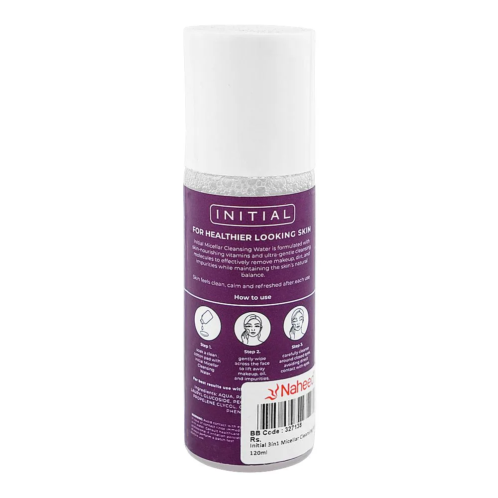 Side view of initial 3-in-1 micellar cleansing water, alcohol free, for all types of skin, 120ml