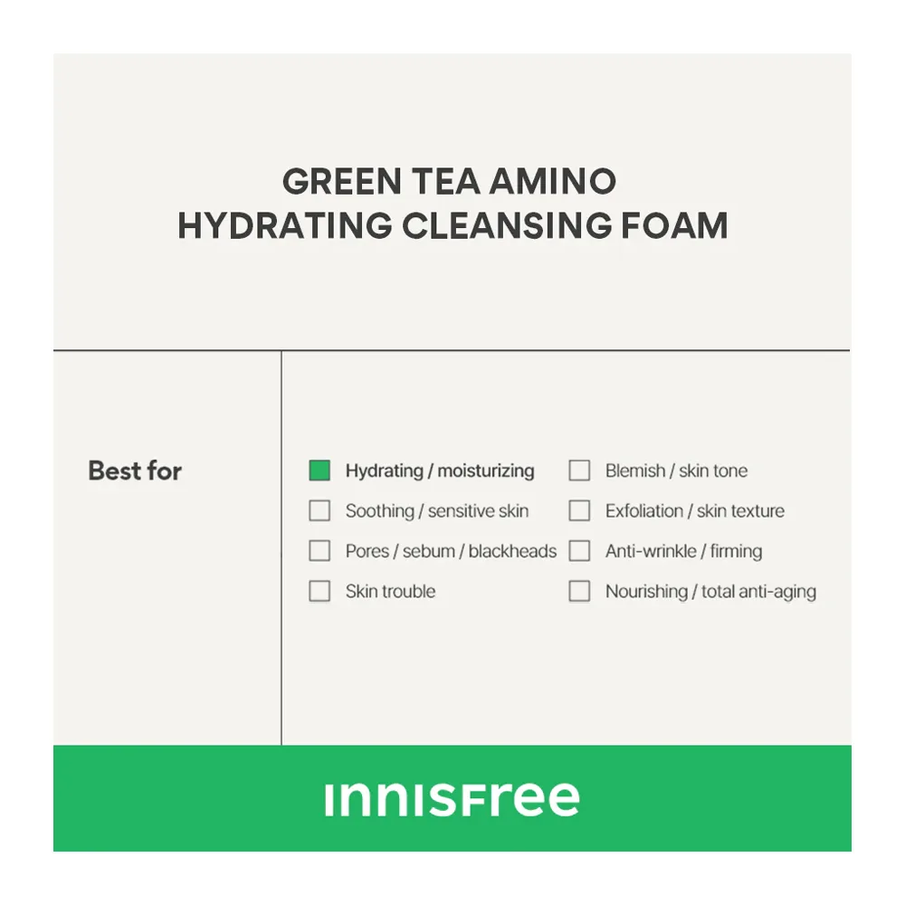 Front angle of innisfree hydrating cleansing foam, vegan, green tea + amino acid, for hydrating & moisturizing, 150g