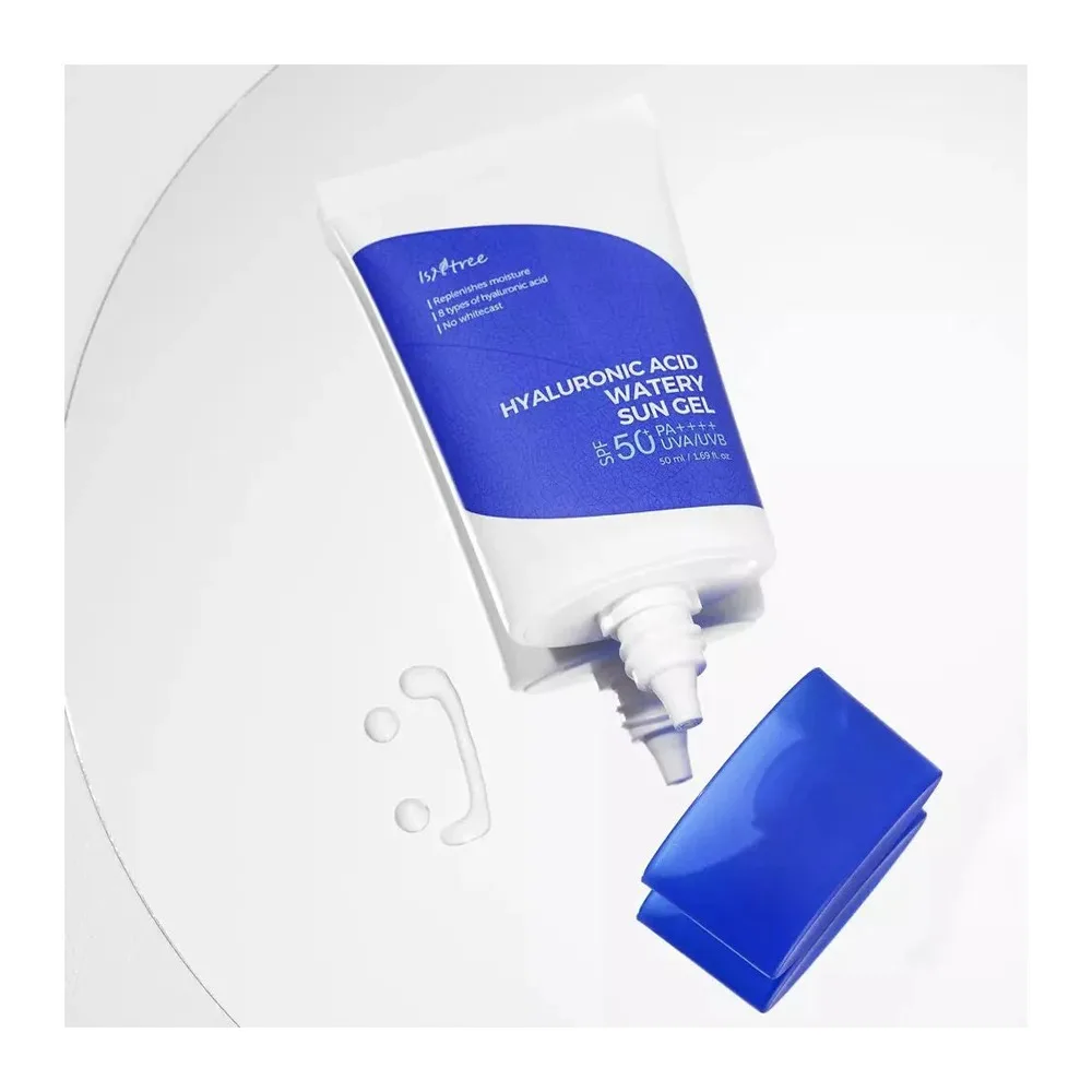 Side view of isntree hyaluronic acid watery spf 50 pa++++ watery sun gel, uv protection & hydration care, hyaluronic acid, 50ml