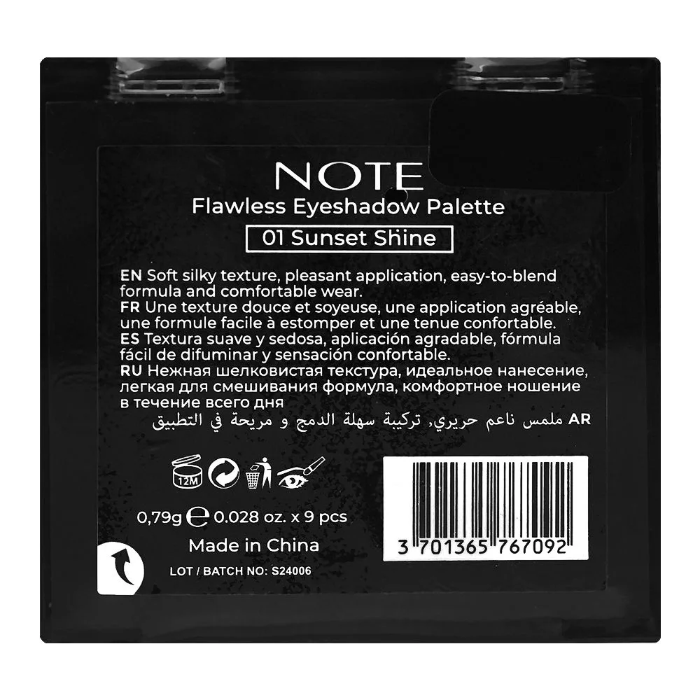 J. Note Flawl Eyeshadow Palette, 9 Shades, 0.79g Each, 01 Sunset Shine close up view