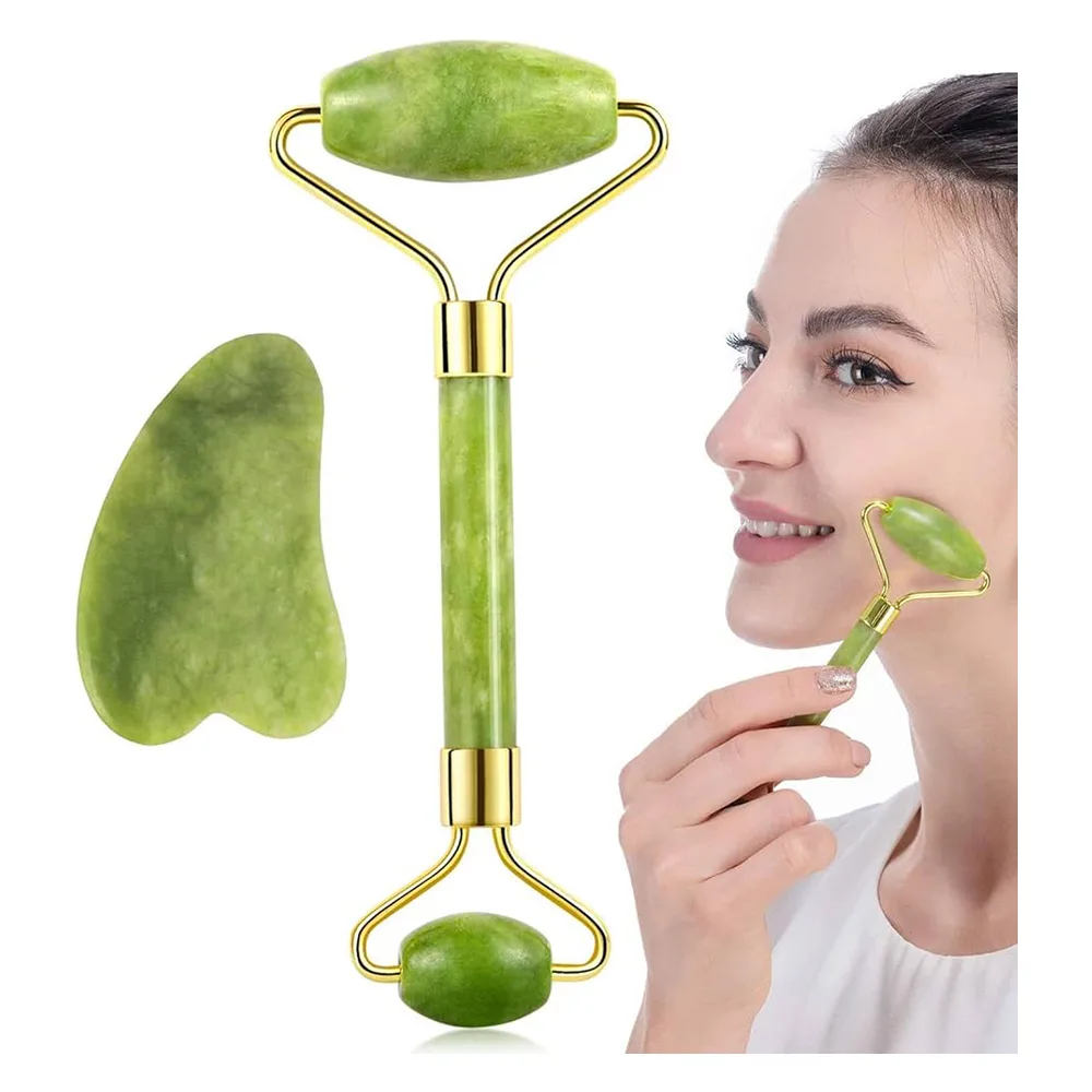 Side view of jade roller & guasha, facial massage tool set, green, 2-pack