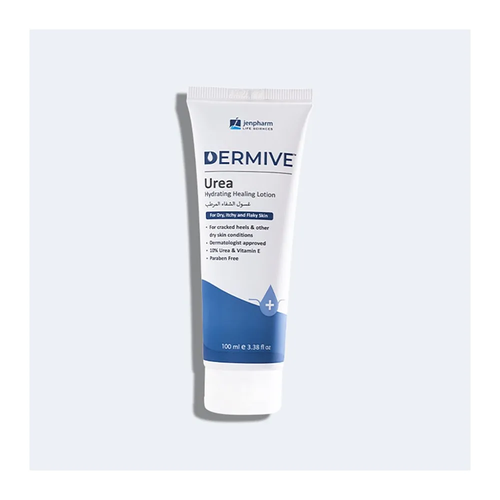 Close-up design of jen pharm dermive urea hydrating healing lotion, for cracked heels & dry, itchy & flaky skin conditions, 10ml