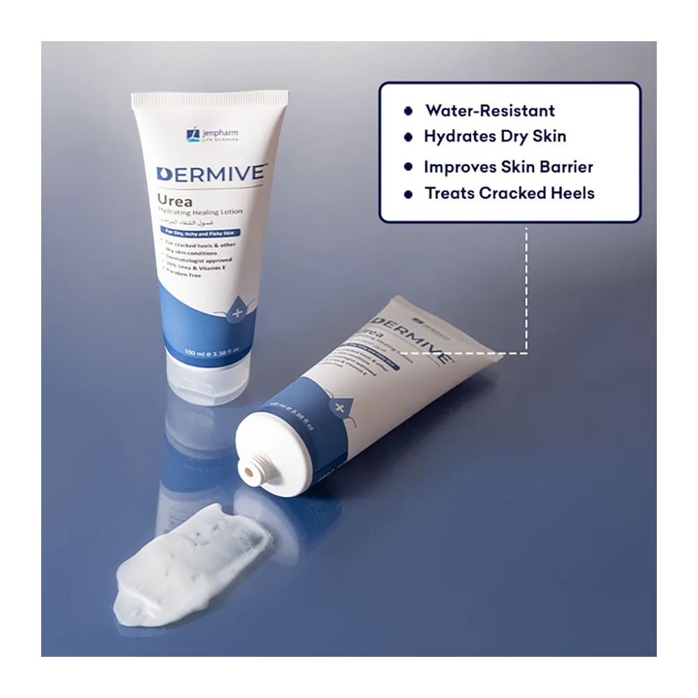 Front angle of jen pharm dermive urea hydrating healing lotion, for cracked heels & dry, itchy & flaky skin conditions, 10ml