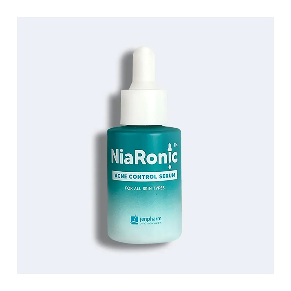 Side view of jen pharm niaronic acne control serum, minimizes pores, for normal, oily & sensitive skin type, 20ml